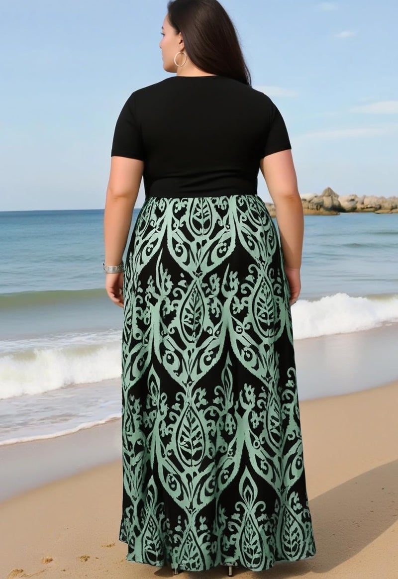 Nemidor Plus Size Maxi Dresses for Curvy Women Casual Summer Short Sleeve Chevron Print Long Dress with Pocket 14-26(155,20,Blue) - Image 2